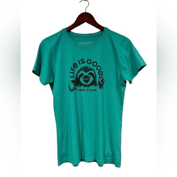 Life Is Good Take It Slow Green Sloth Graphic Tshirt Size Small Short Sleeved - Picture 1 of 5